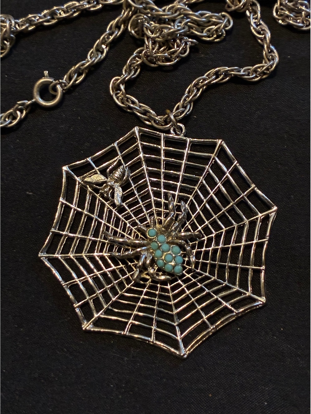Vintage Style Silver Spider Web Statement Necklace Faux Turquoise Goth Alt 24”